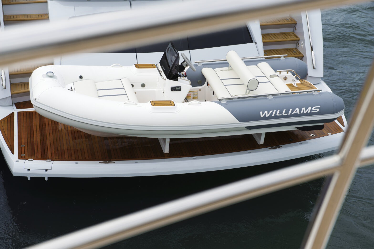 A Williams Jet Tender secured on a yacht's deck.